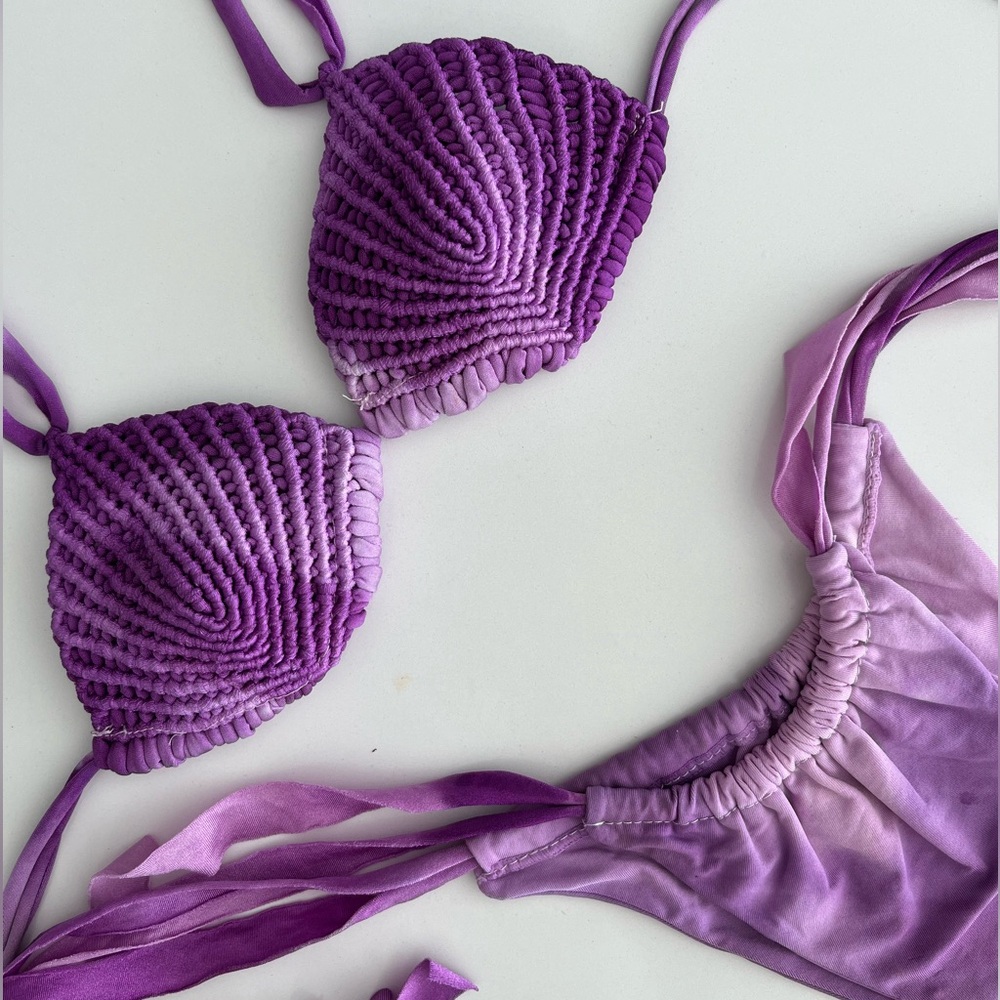 Two- piece Macramé swimsuit in gradient purples, size XS